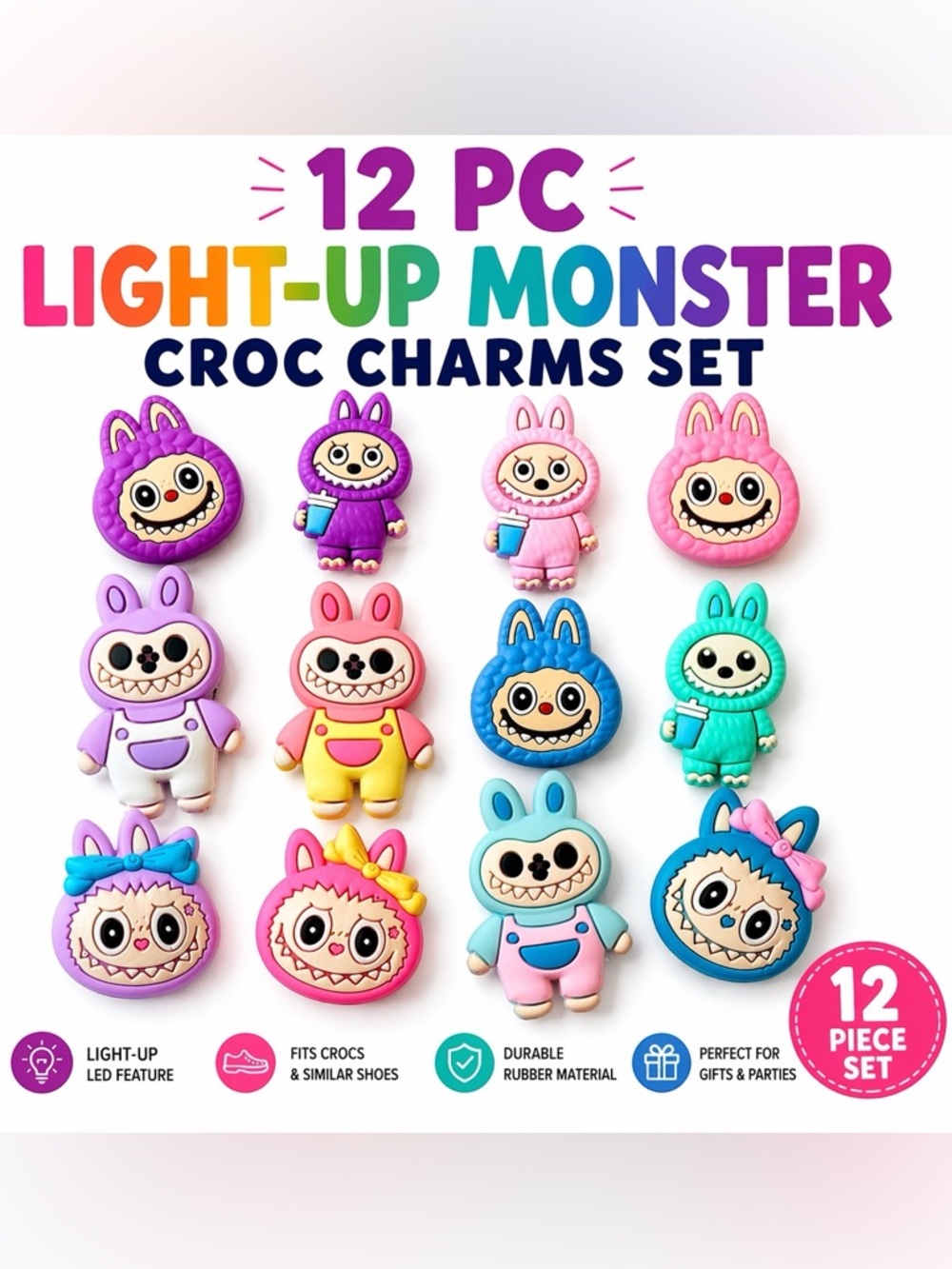 12 PC Light-Up Monster Croc Charms Set - Multicolor
